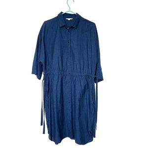 Uniqlo Dress Chambray Cotton Linen Button Down Shirt Blue Sz L Drawstirng Waist